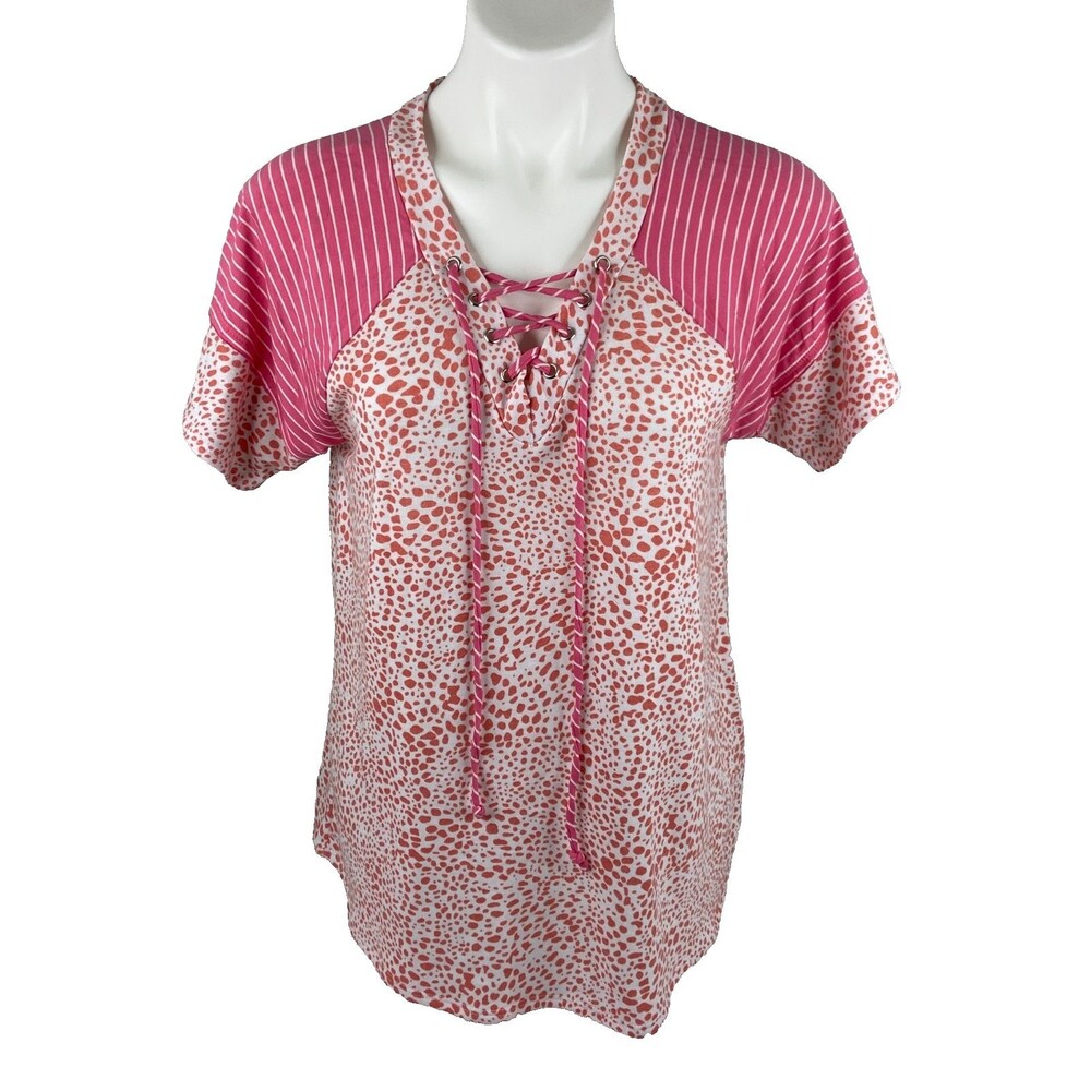 143 Story Line Up Women Small Tunic Top Coral Pink Leopard Print Tie Neck NWT